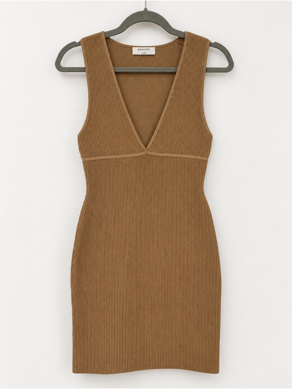 Aritzia Babaton Brown Ribbed V-Neck Bodycon Dress